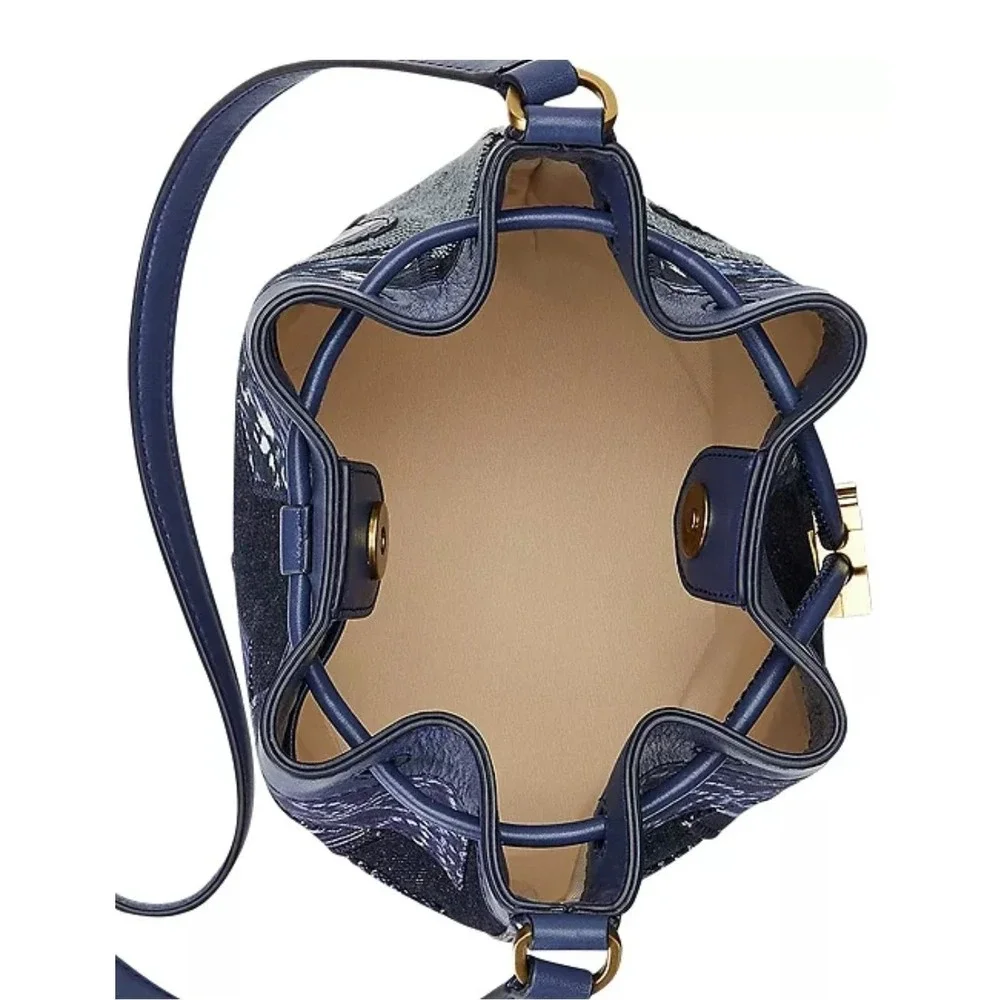 Lauren Ralph Lauren Denim Patchwork Andie Butterfly Bucket Bag Blue Gold NW $295